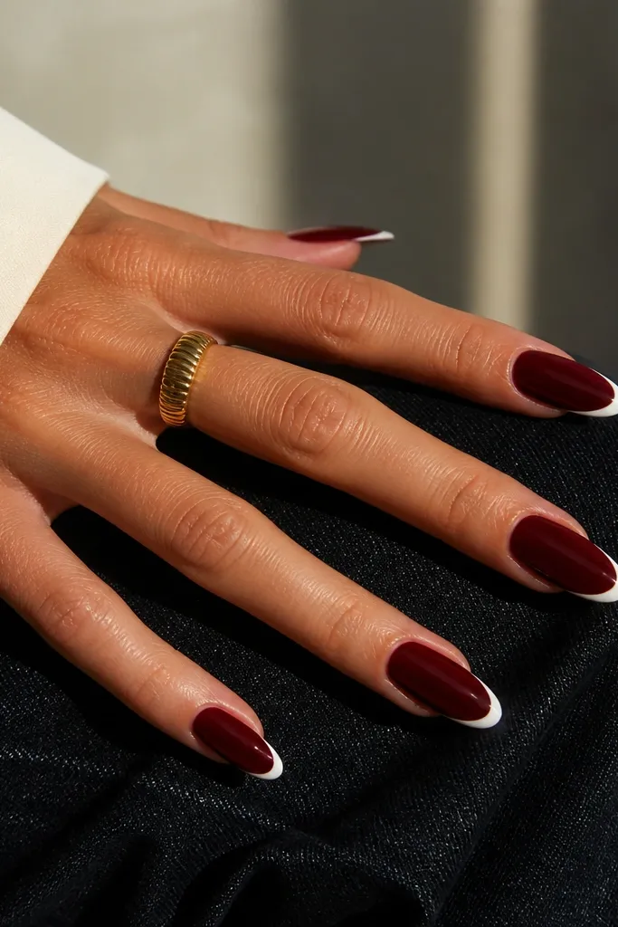 French Tip Almond in Dark Cherry Red