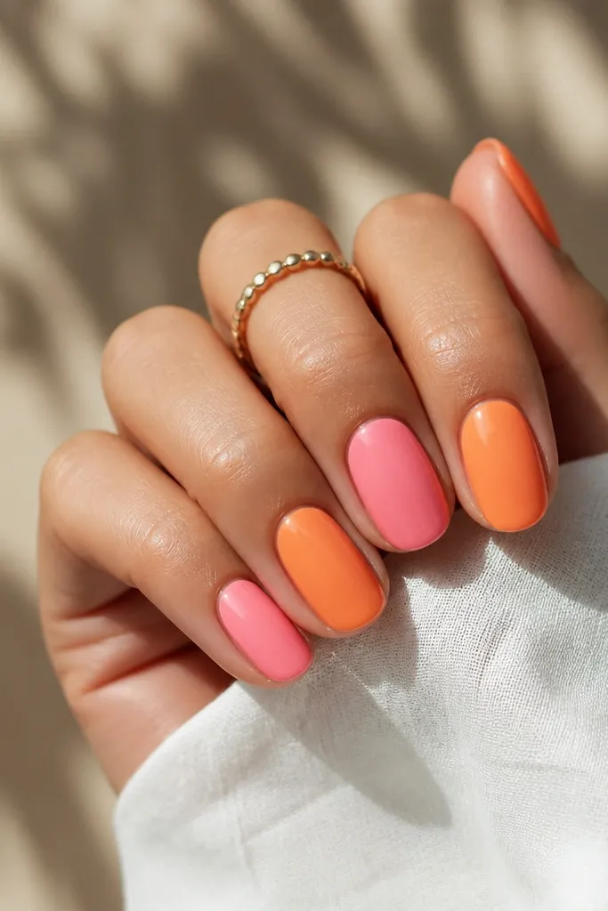 Easy Orange And Pink Nails for a summer-ready mani