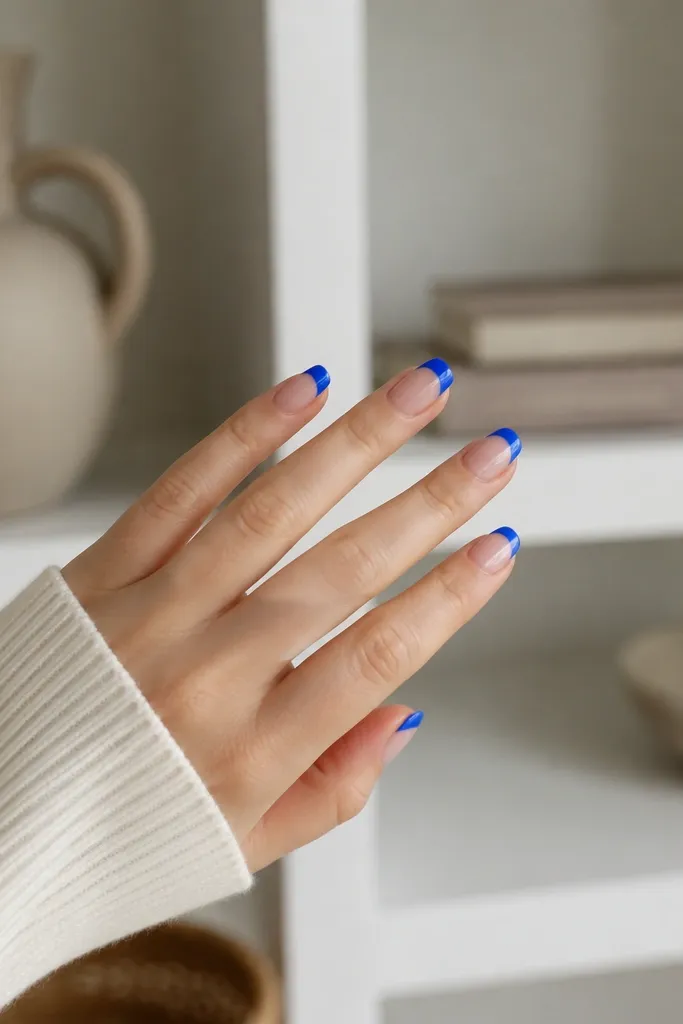 Royal Blue French Tip Nails for Small Spaces